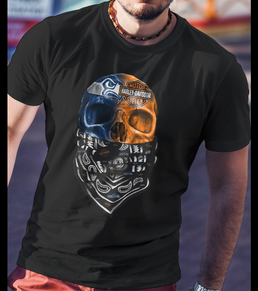 Seattle Seahawks Harley Davidson Skull Bandana T-Shirt