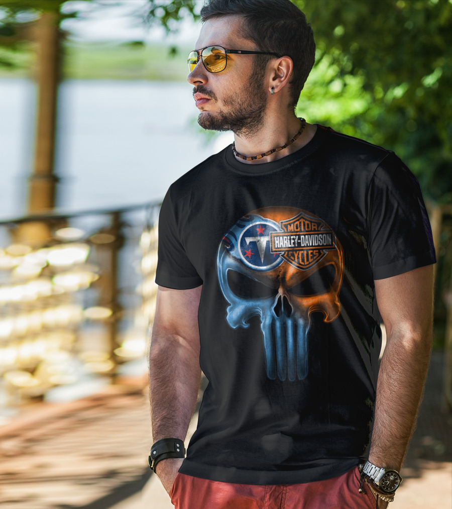 Harley Davidson Motorcycles And Tennessee Titans Logo Skull T-Shirt