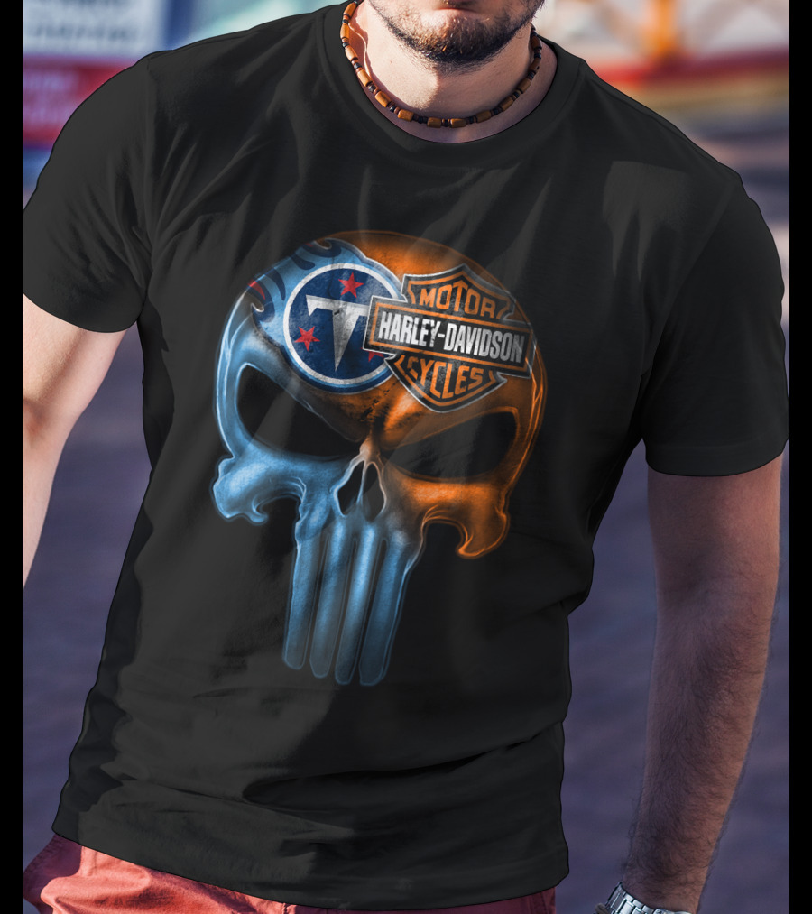 Harley Davidson Motorcycles And Tennessee Titans Logo Skull T-Shirt
