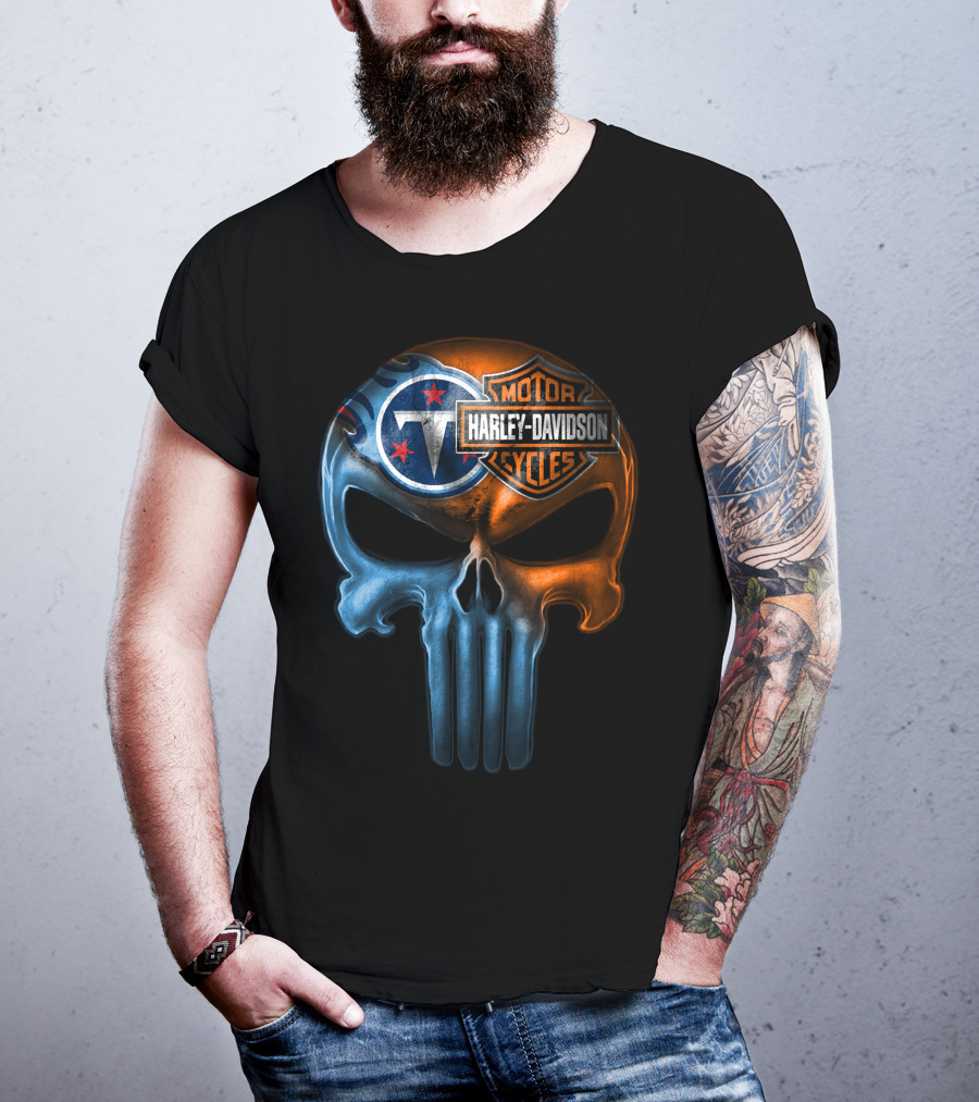 Harley Davidson Motorcycles And Tennessee Titans Logo Skull T-Shirt
