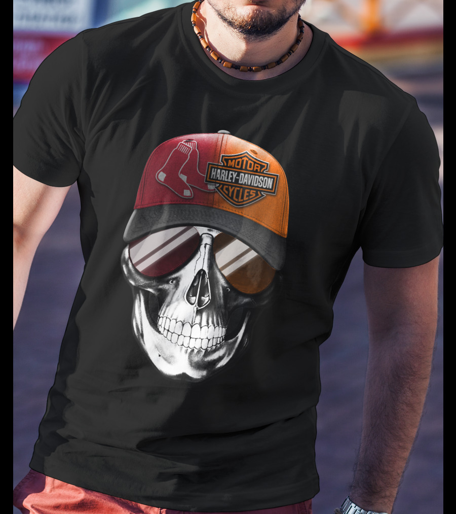 Harley Davidson Red Sox Skull Hat T-Shirt