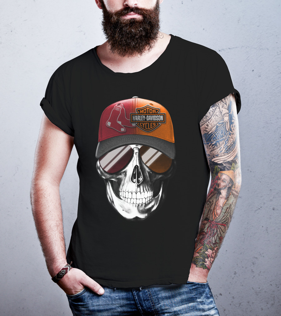 Harley Davidson Red Sox Skull Hat T-Shirt