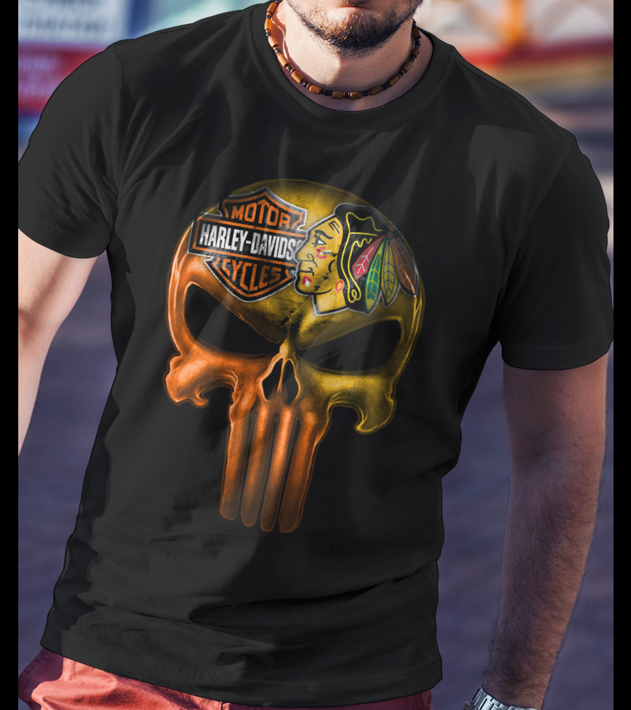Harley Davidson Punisher Skull Chicago Blackhawks T-Shirt