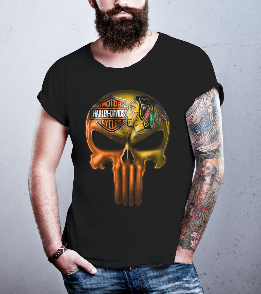Harley Davidson Punisher Skull Chicago Blackhawks T-Shirt