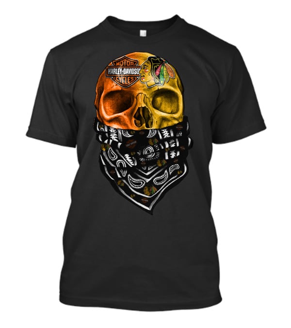 Harley Davidson Motorcycles Skull With Blackhawks Bandana T-Shirt