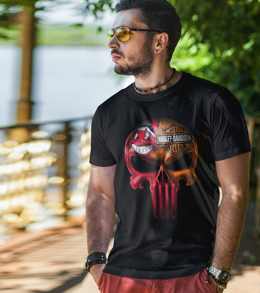 Harley Davidson Skull With Cleveland Indians Chief Wahoo Crossbones T-Shirt