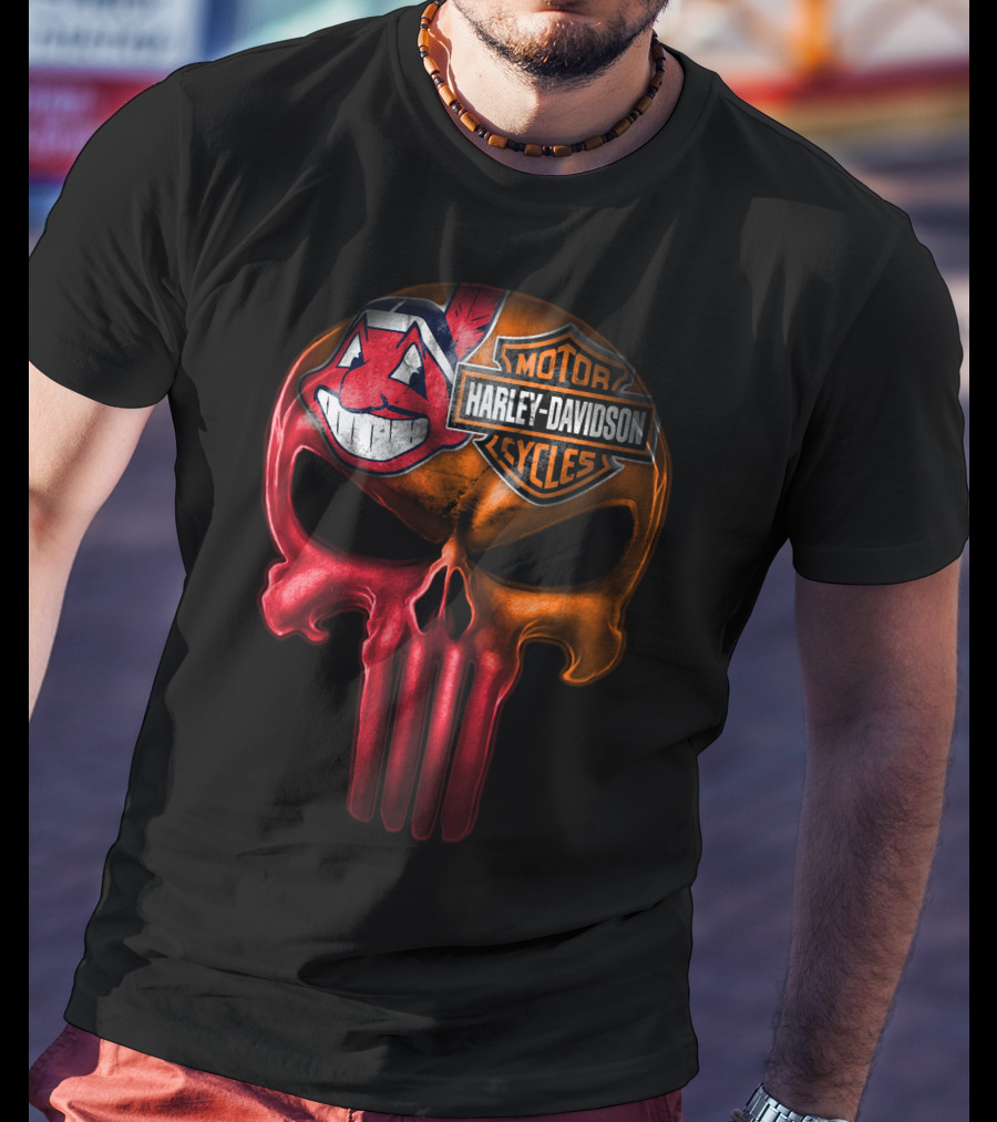 Harley Davidson Skull With Cleveland Indians Chief Wahoo Crossbones T-Shirt