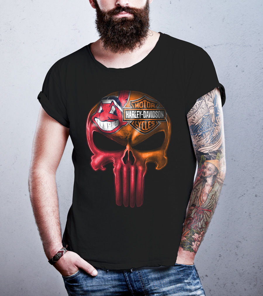 Harley Davidson Skull With Cleveland Indians Chief Wahoo Crossbones T-Shirt