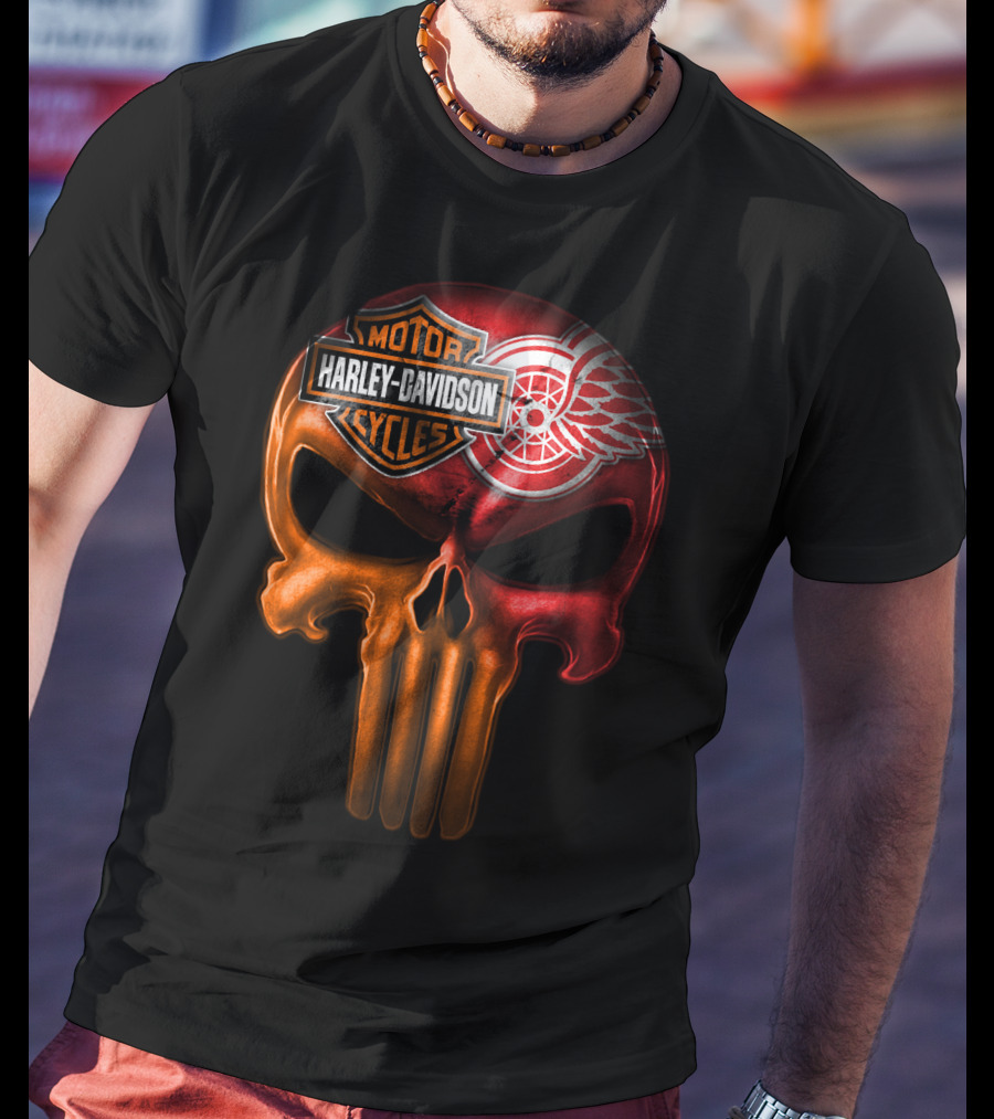 Harley Davidson Motorcycles Detroit Red Wings Punisher Skull T-Shirt