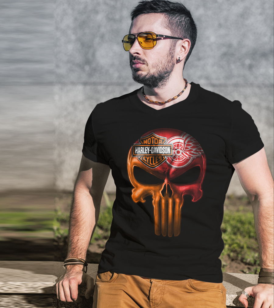 Harley Davidson Motorcycles Detroit Red Wings Punisher Skull T-Shirt