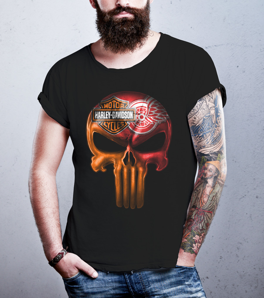 Harley Davidson Motorcycles Detroit Red Wings Punisher Skull T-Shirt