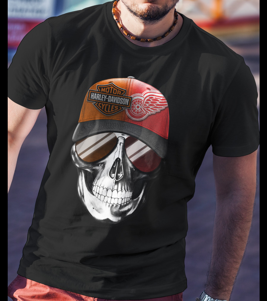 Harley Davidson Motor Cycles Red Wings Skull Cap T-Shirt
