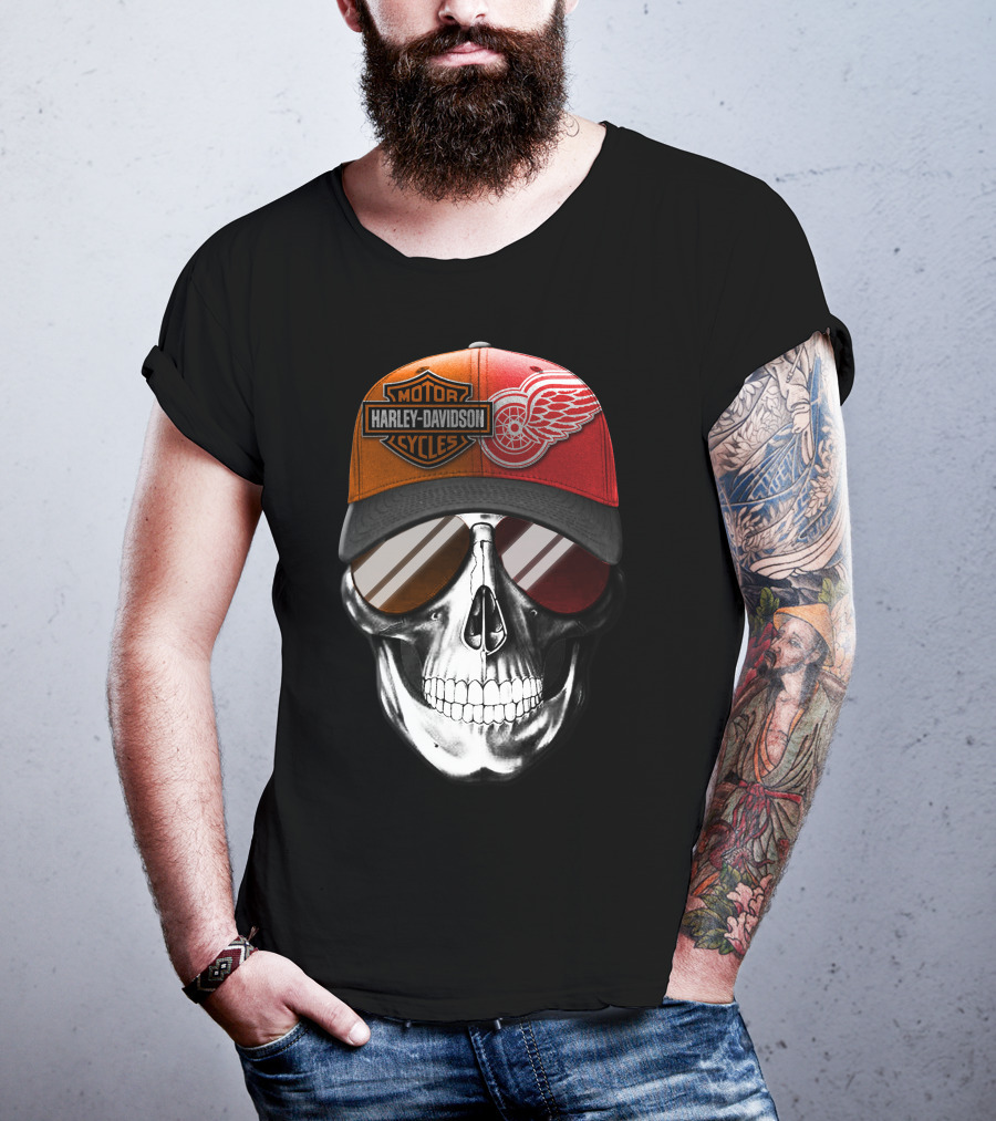 Harley Davidson Motor Cycles Red Wings Skull Cap T-Shirt