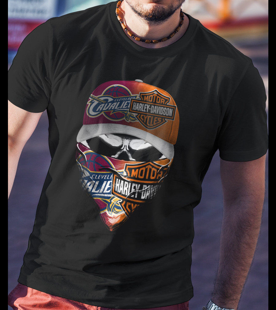 Cleveland Cavaliers Harley Davidson Cyclist Skull Face Mask And Cap T-Shirt