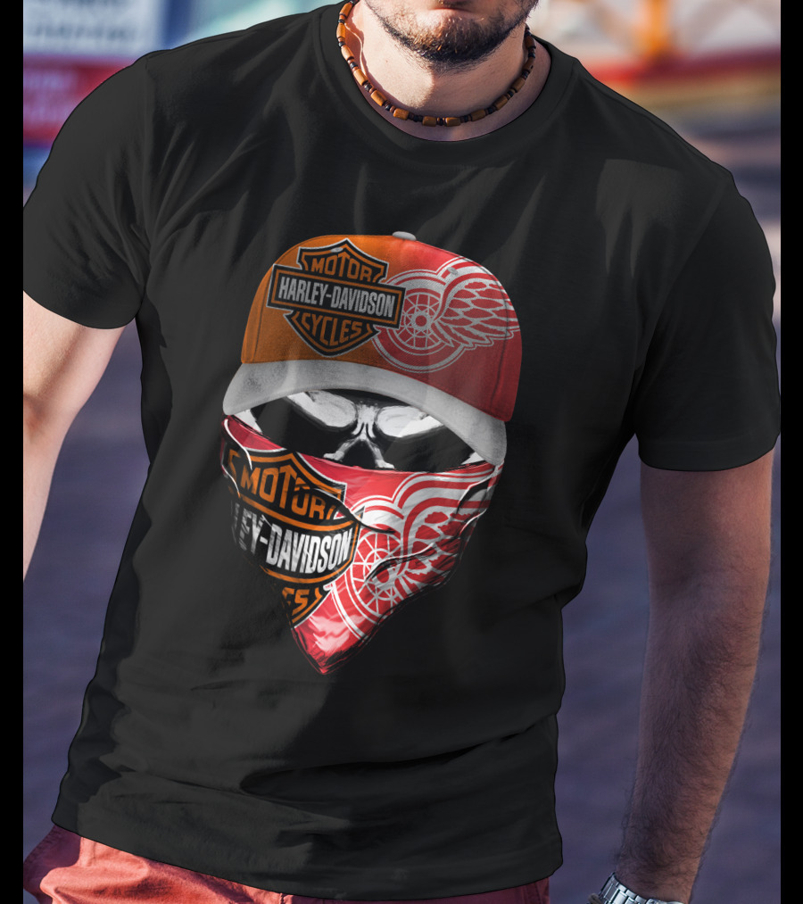 Harley Davidson Detroit Red Wings Bandana Hat Skull T-Shirt