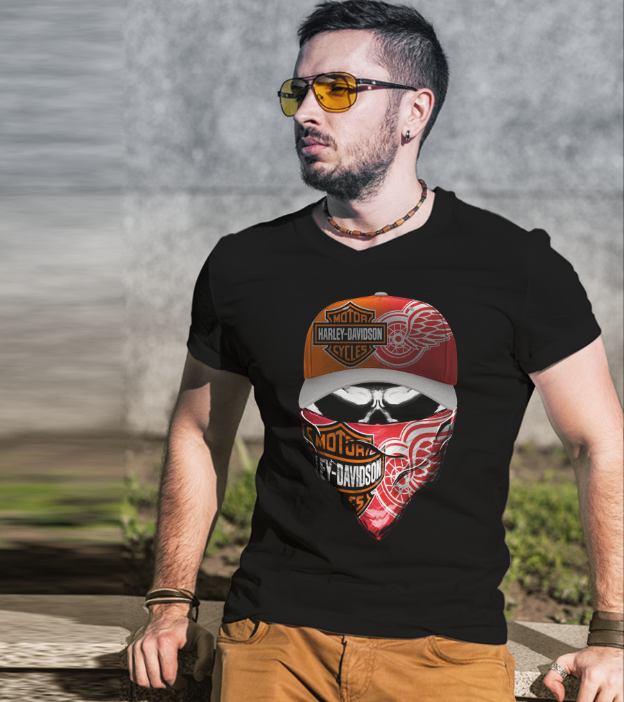 Harley Davidson Detroit Red Wings Bandana Hat Skull T-Shirt