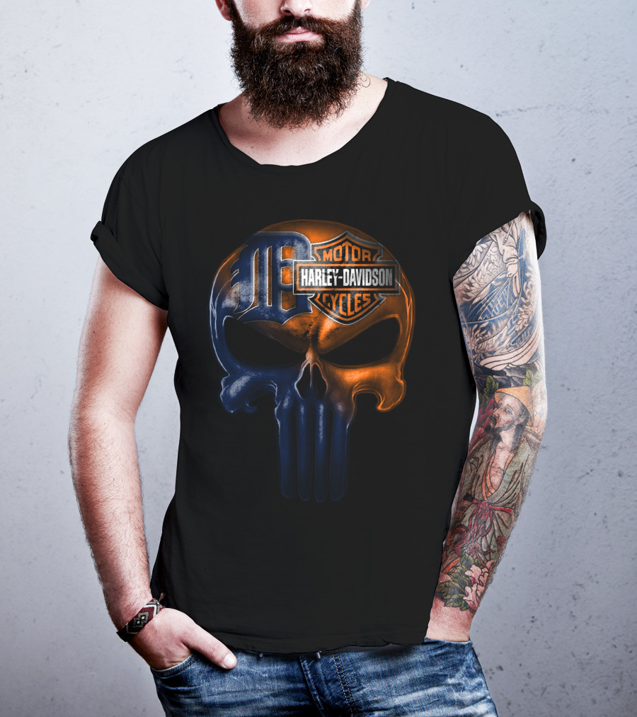 Harley Davidson Motorcycles Skull With Detroit Tigers T-Shirt