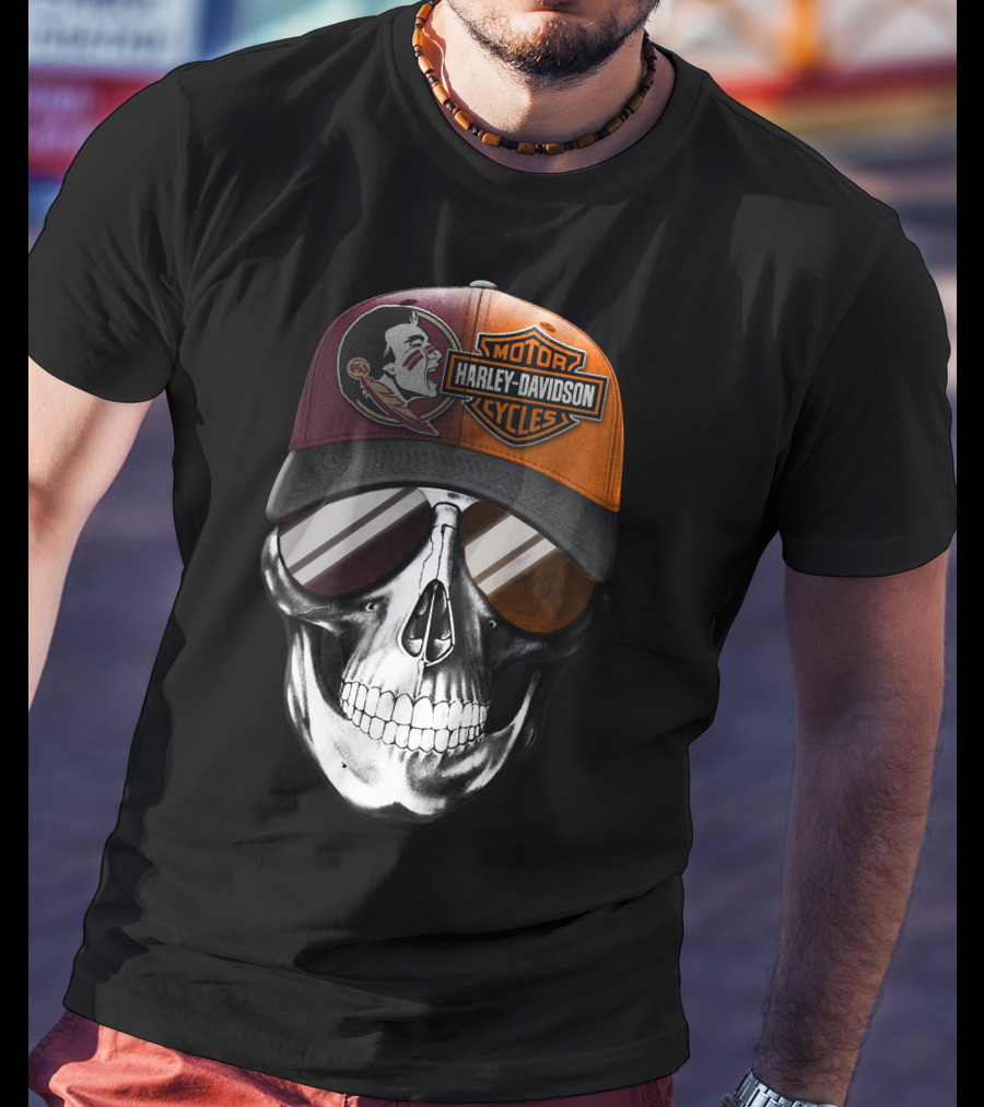 Harley Davidson Motor Cycles Logo Skull With Feathered Logo Cap T-Shirt