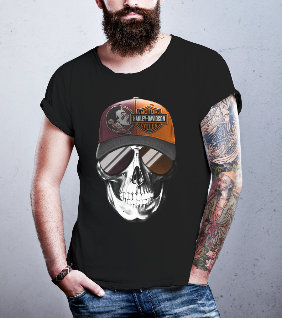 Harley Davidson Motor Cycles Logo Skull With Feathered Logo Cap T-Shirt