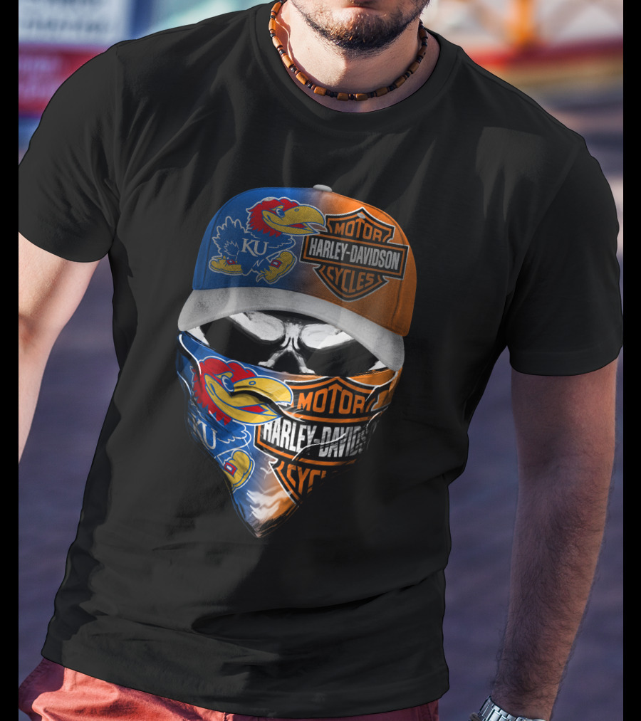 Ku Jayhawks Harley Davidson Skull Motorcycle Fan Gear T-Shirt