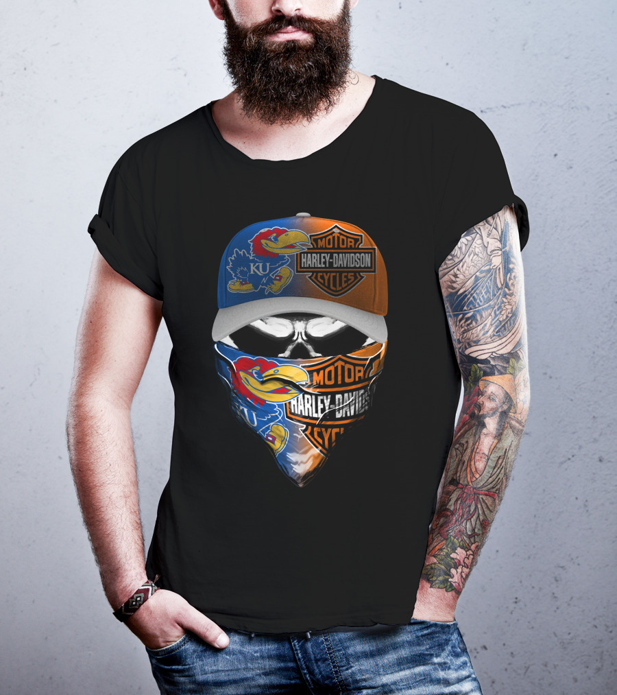 Ku Jayhawks Harley Davidson Skull Motorcycle Fan Gear T-Shirt