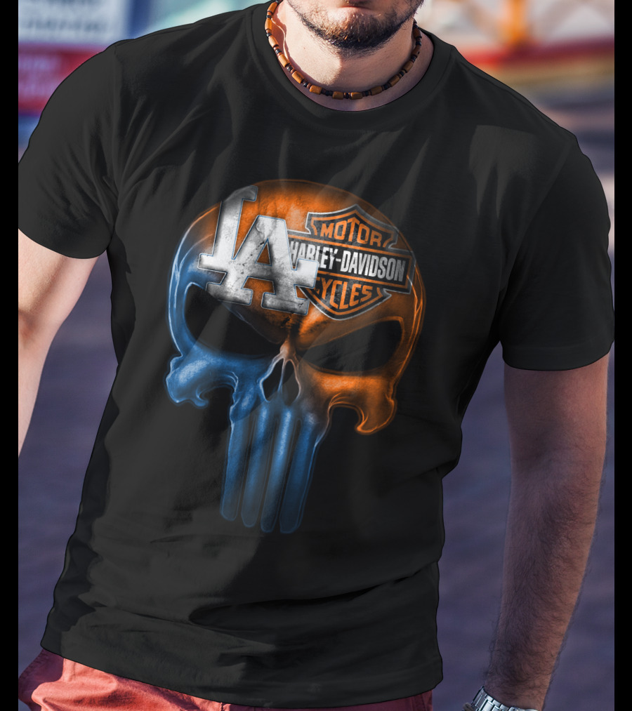 Los Angeles Dodgers Harley Davidson Biker Skull T-Shirt