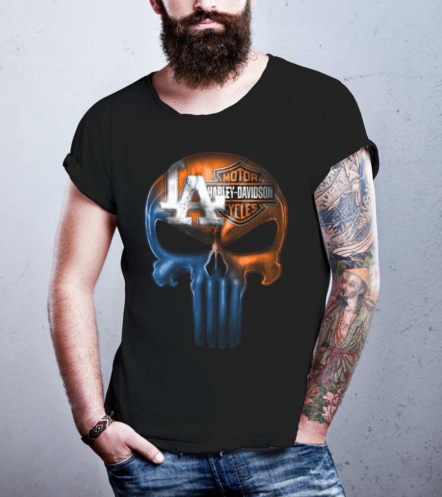 Los Angeles Dodgers Harley Davidson Biker Skull T-Shirt