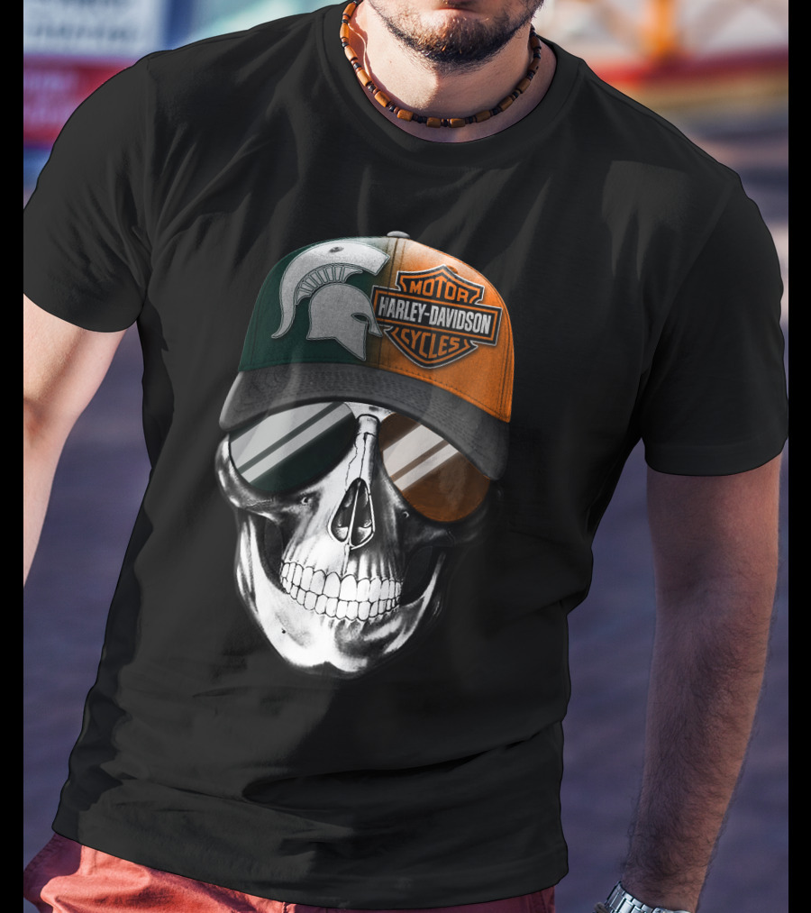 Skull With Michigan State Spartan And Harley Davidson Motorcycles Cap T-Shirt