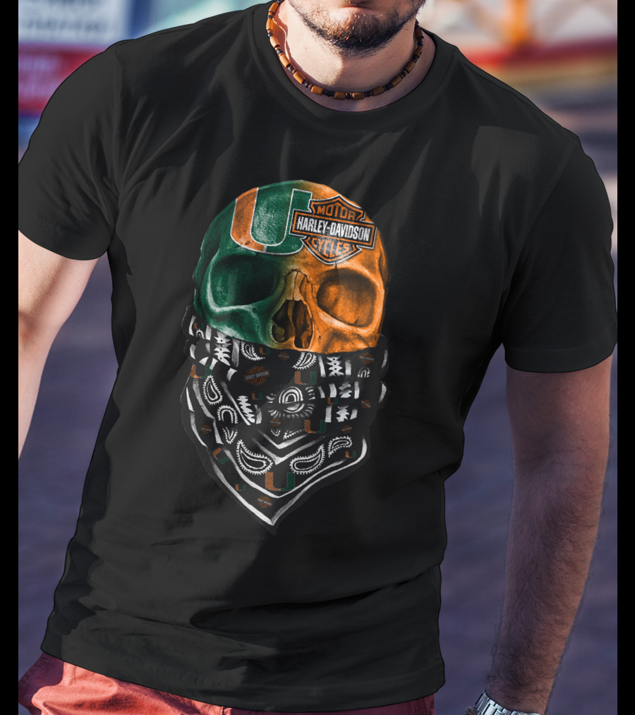 Harley Davidson Skull With Miami Hurricanes Bandana T-Shirt