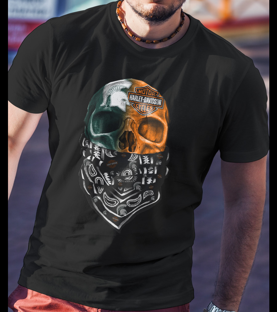 Harley Davidson Skull With Michigan State Spartans Bandana T-Shirt