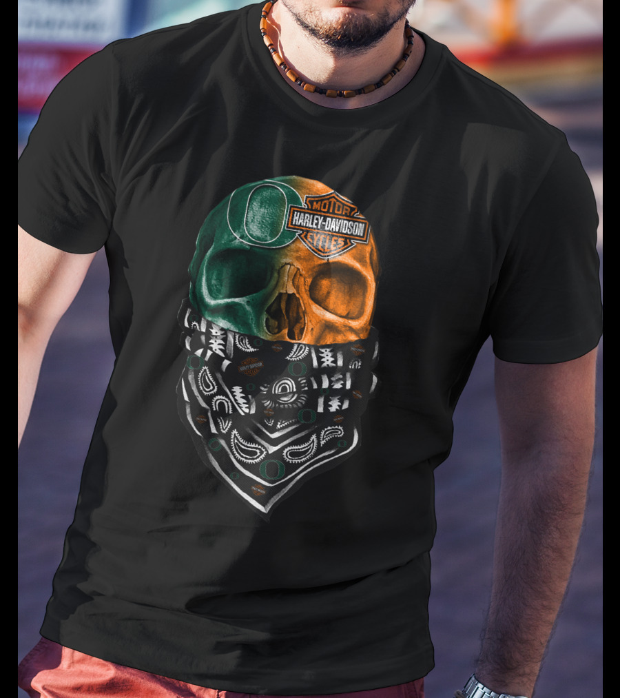 Harley Davidson Motorcycles Dual-Tone Skull With Bandana And Logos T-Shirt