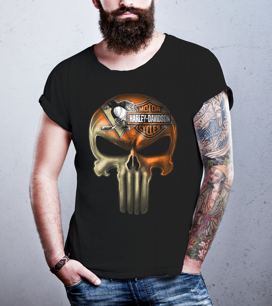 Penguins Harley Davidson Punisher Skull T-Shirt