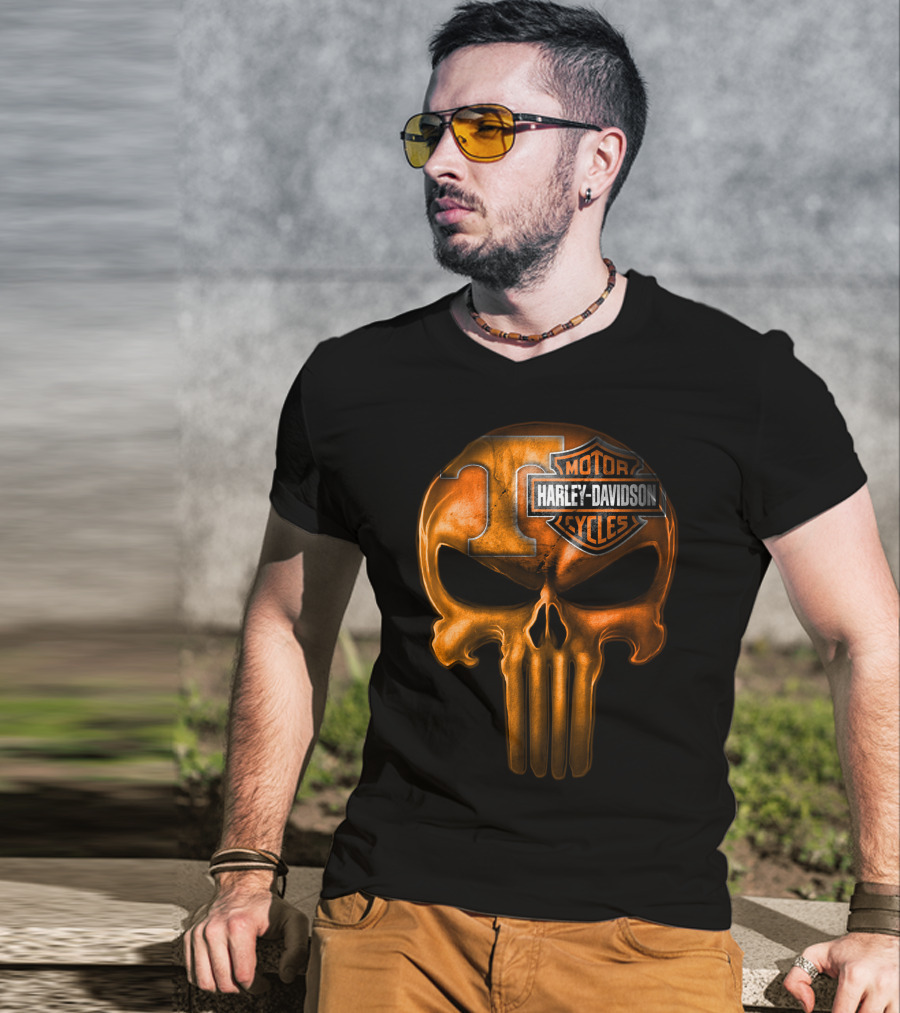 Orange T Skull Harley Davidson Motor Cycles T-Shirt