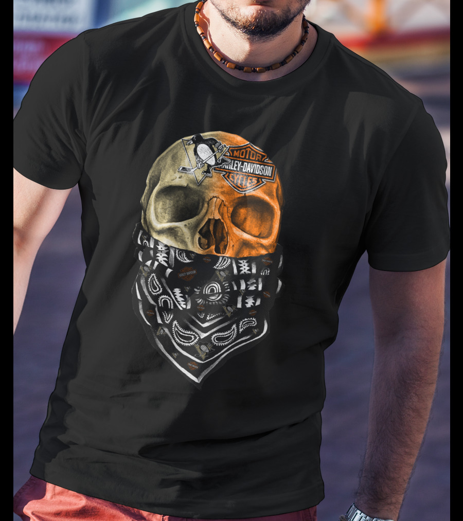 Penguins And Harley Davidson Skull Bandana T-Shirt