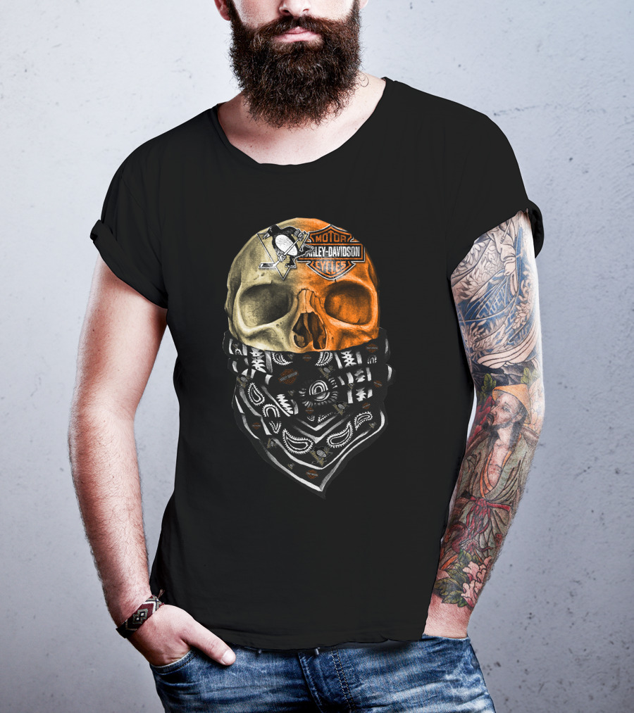 Penguins And Harley Davidson Skull Bandana T-Shirt