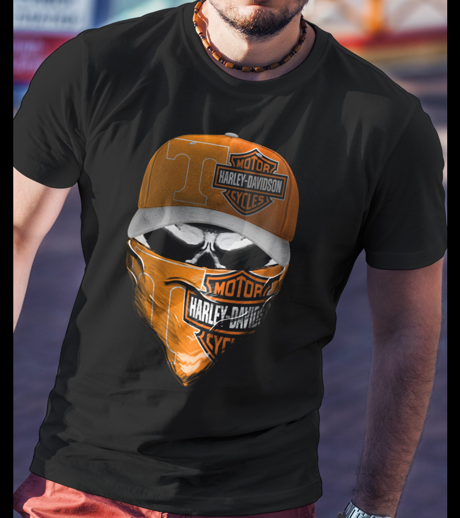 Harley Davidson Motorcycles Skull With Tennessee Volunteers Cap And Bandana T-Shirt
