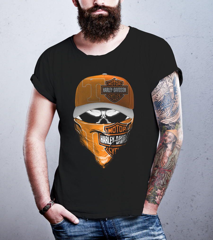 Harley Davidson Motorcycles Skull With Tennessee Volunteers Cap And Bandana T-Shirt
