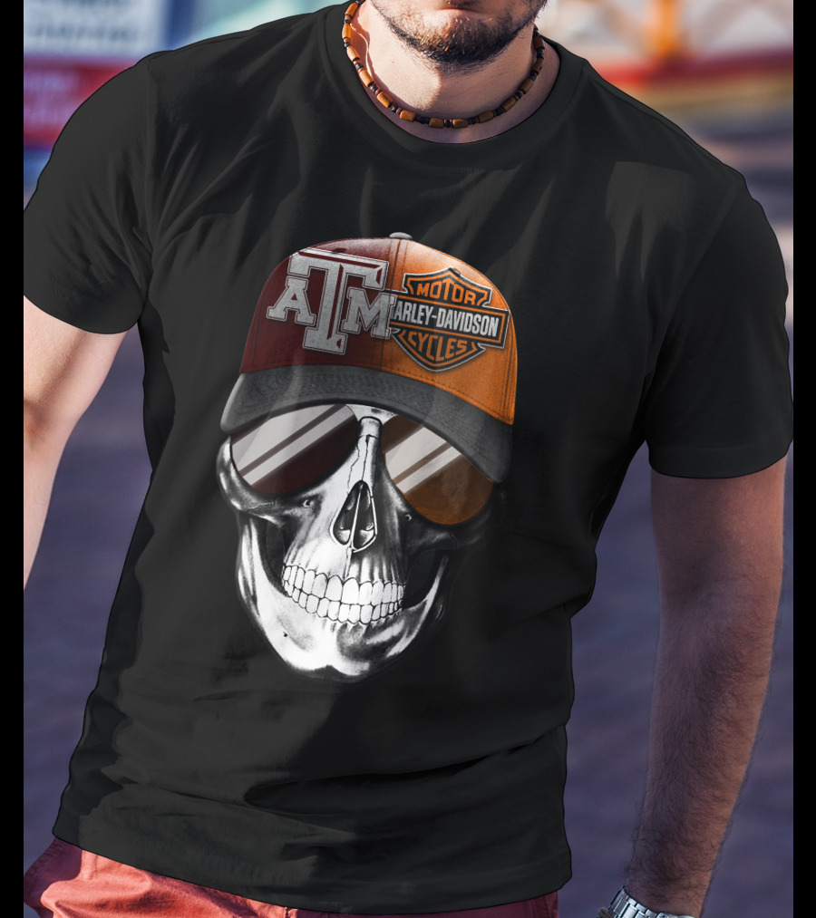 Texas A&M Harley Davidson Skull Hat With Sunglasses T-Shirt