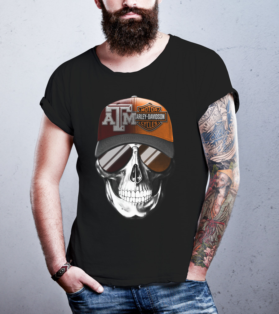 Texas A&M Harley Davidson Skull Hat With Sunglasses T-Shirt