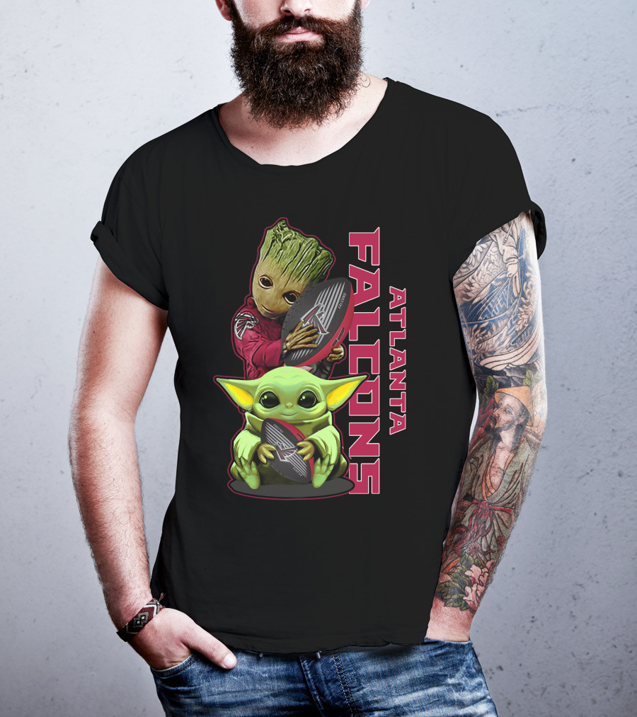 Grzd Atlanta Falcons Baby Groot Yoda Holding Football T-Shirt