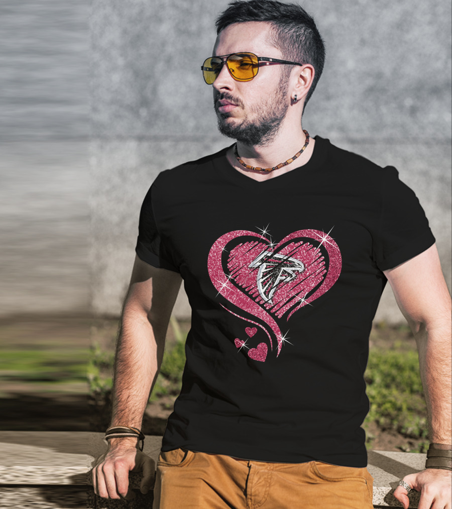 Heart Diamond Atlanta Falcons Sparkling Logo In Glittered Pink Hearts T-Shirt