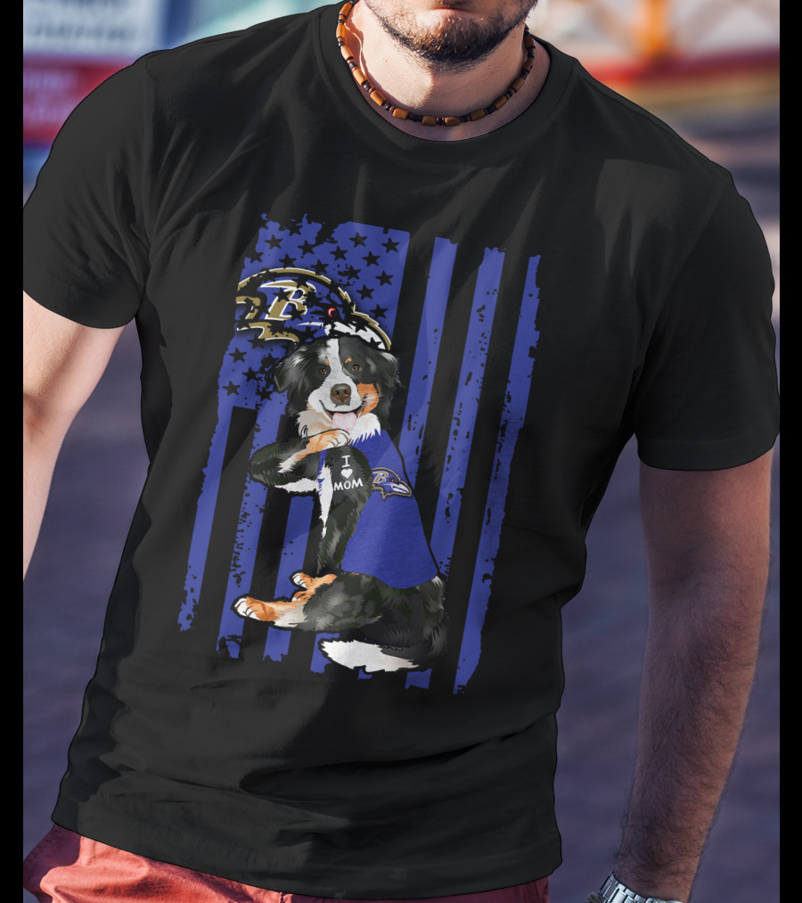 Border Collie I Love Mom Baltimore Ravens Flag T-Shirt