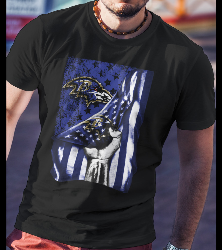 Baltimore Ravens Flag Stars Fist Ravens Logo Blue White T-Shirt