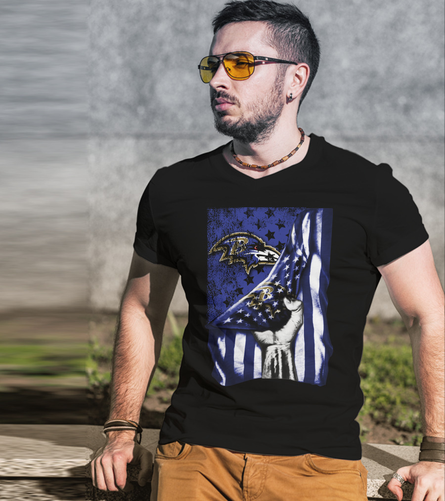 Baltimore Ravens Flag Stars Fist Ravens Logo Blue White T-Shirt