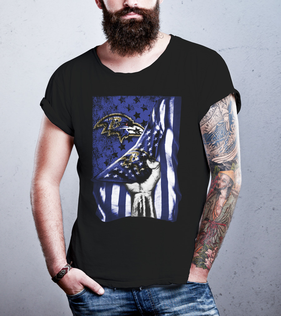 Baltimore Ravens Flag Stars Fist Ravens Logo Blue White T-Shirt