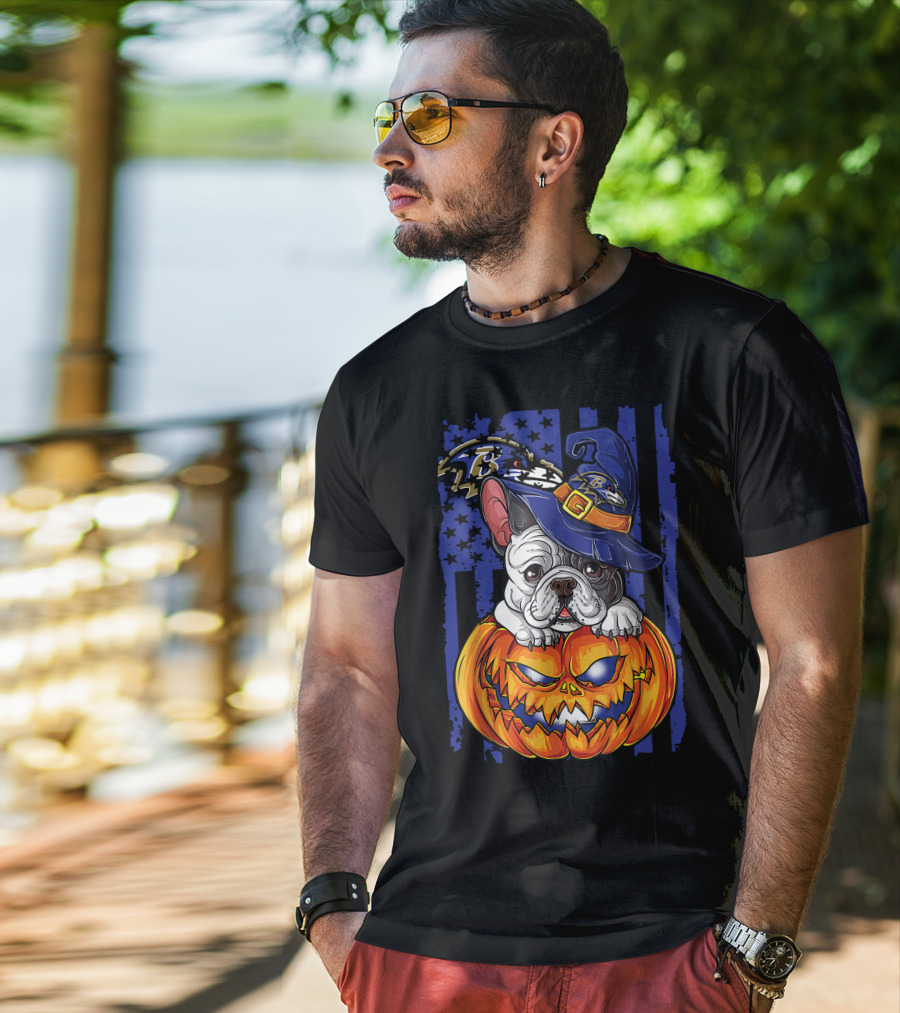 Bulldog Halloween Pumpkin Baltimore Ravens Wizard Hat T-Shirt