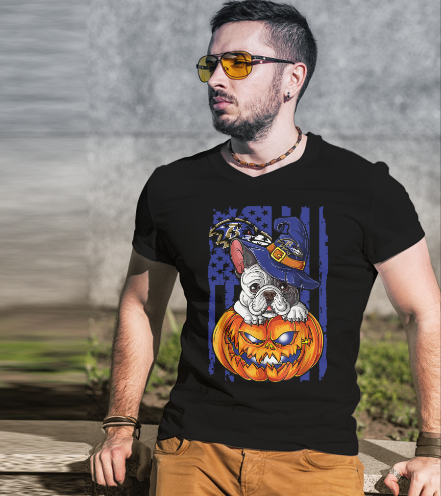 Bulldog Halloween Pumpkin Baltimore Ravens Wizard Hat T-Shirt