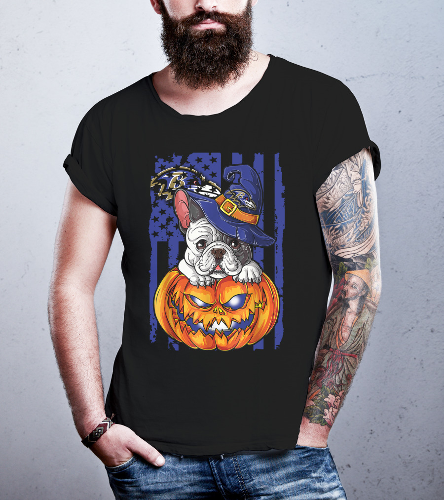 Bulldog Halloween Pumpkin Baltimore Ravens Wizard Hat T-Shirt