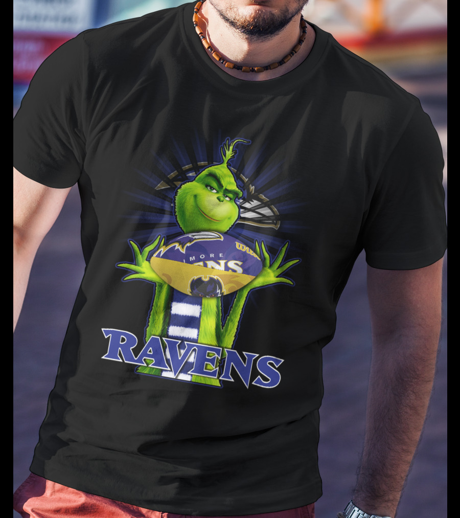 Grinch Holding Baltimore Ravens Football With Ravens Text T-Shirt