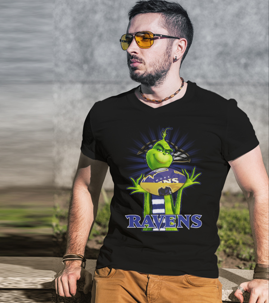 Grinch Holding Baltimore Ravens Football With Ravens Text T-Shirt